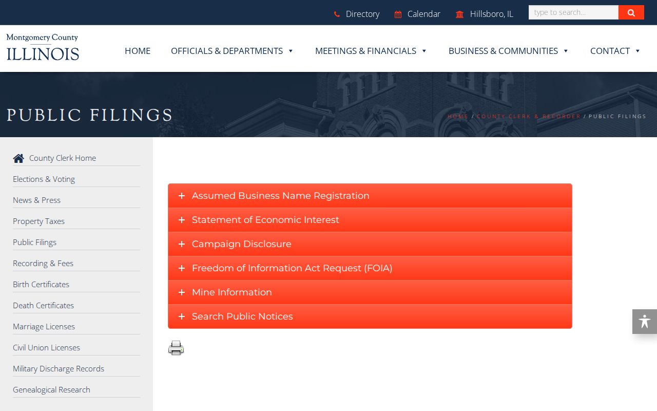 Montgomery County public filings page with Sheriff FOIA contact