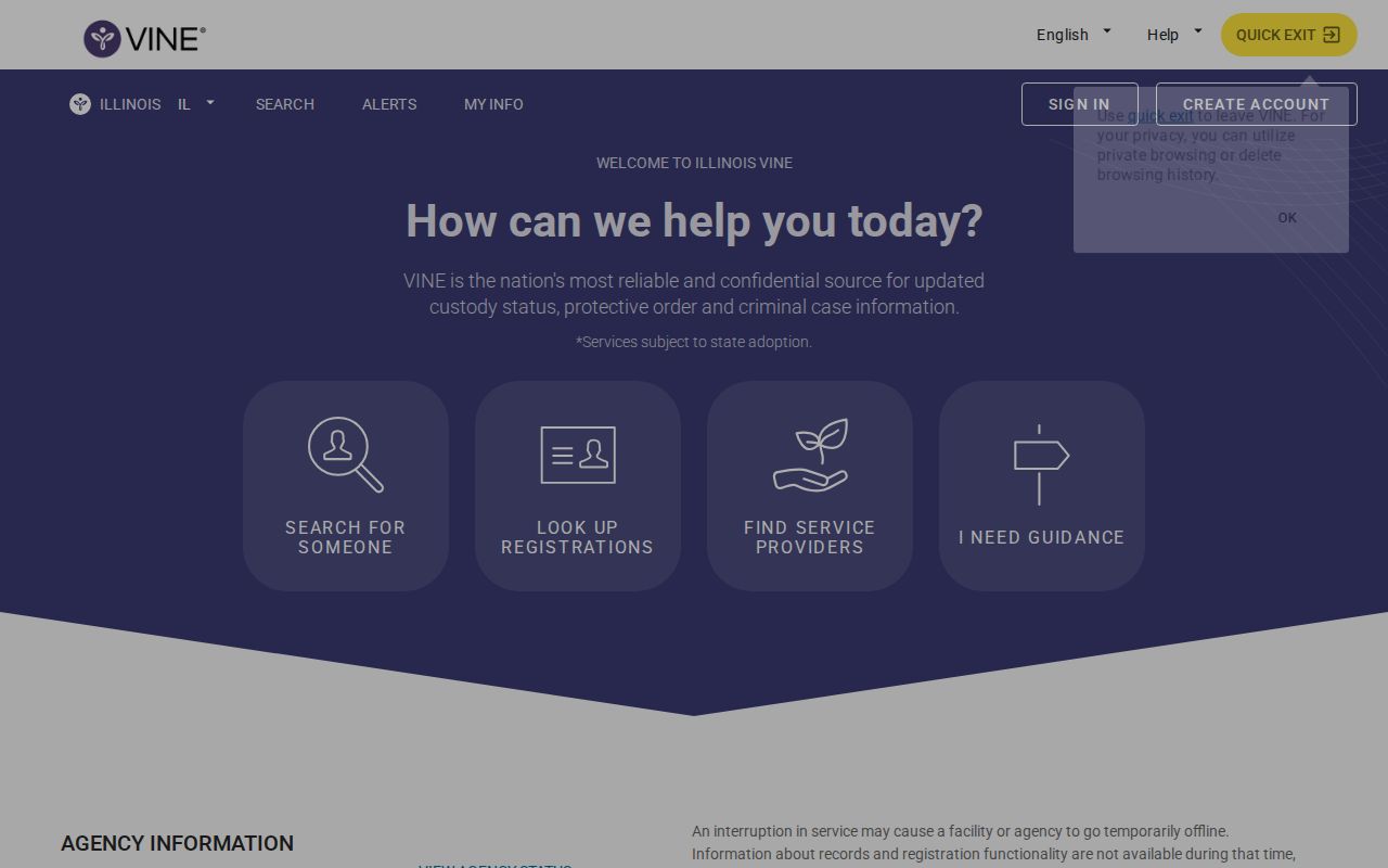 Illinois VINE neutral custody search screen