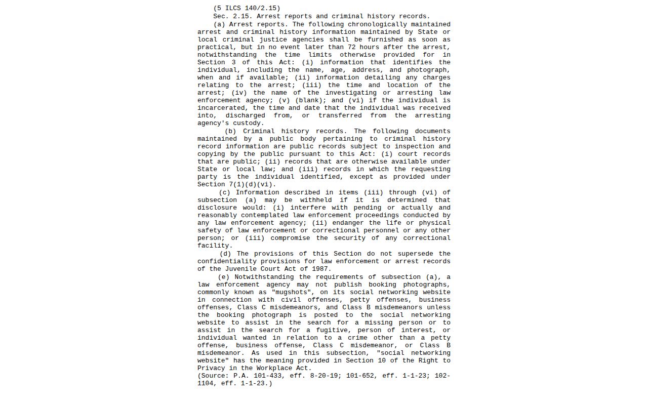Illinois statute page covering arrest information and available photographs