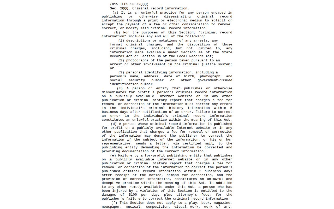 Illinois law on payment for criminal-record removal and corrections